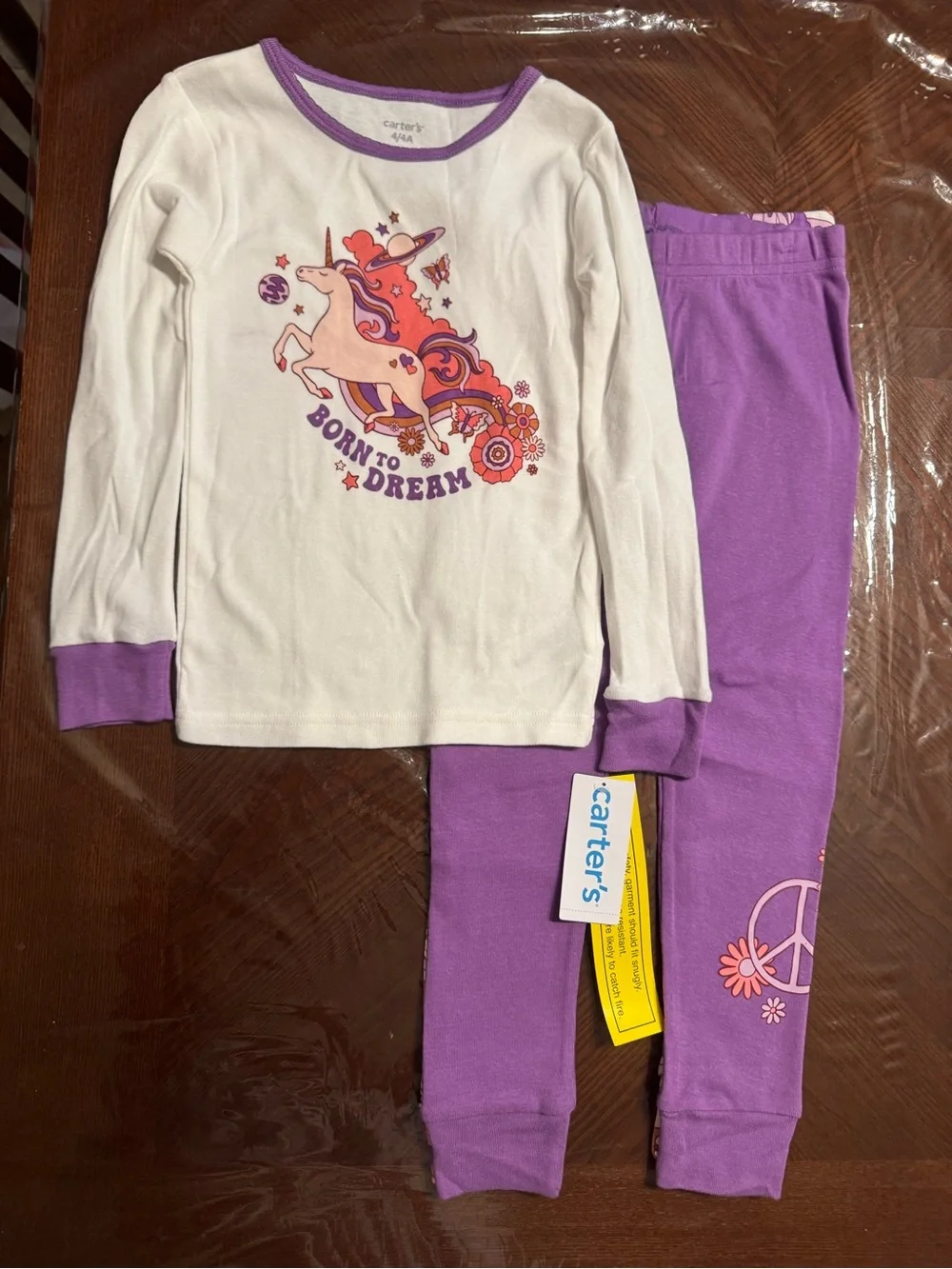 Carter's NWT girls Purple & White Unicorn Pajama Set (4 piece) Sz 4/4A